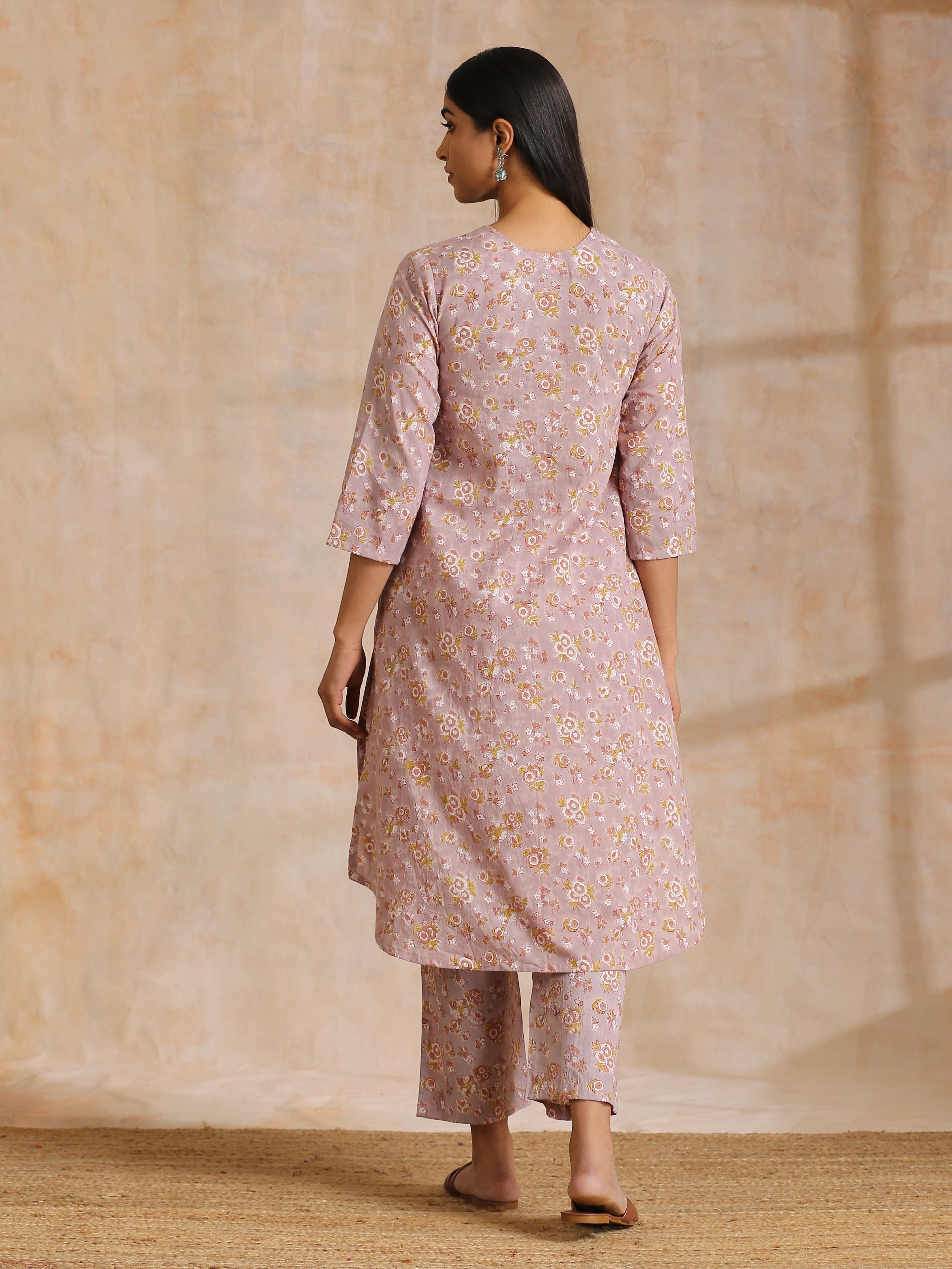 trueBrowns Grey Overall Floral Block Print Cotton Flared Slit Kurta Pant Set - Distacart