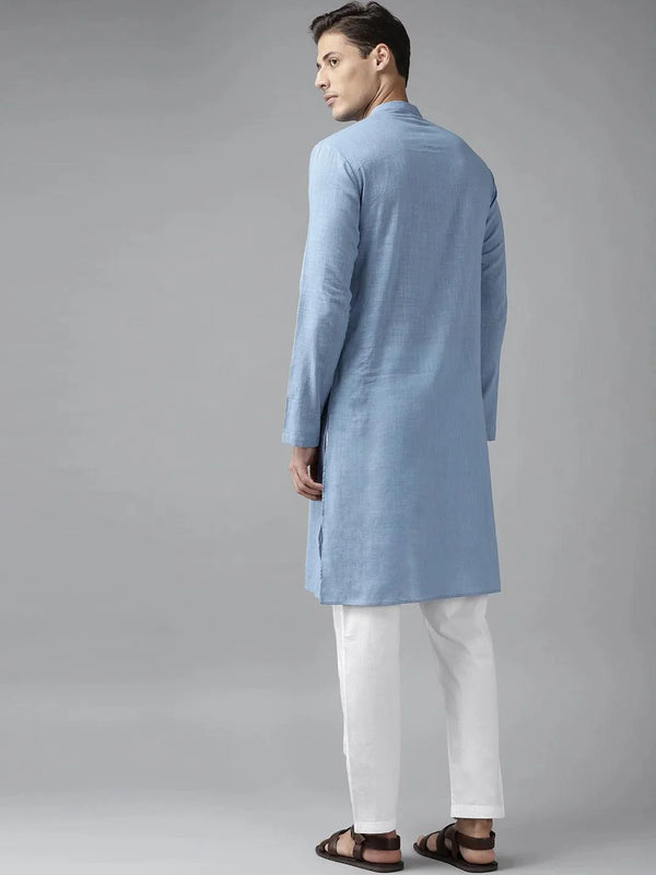 Fabmade Men Blue Cotton Linen Kurta - Distacart