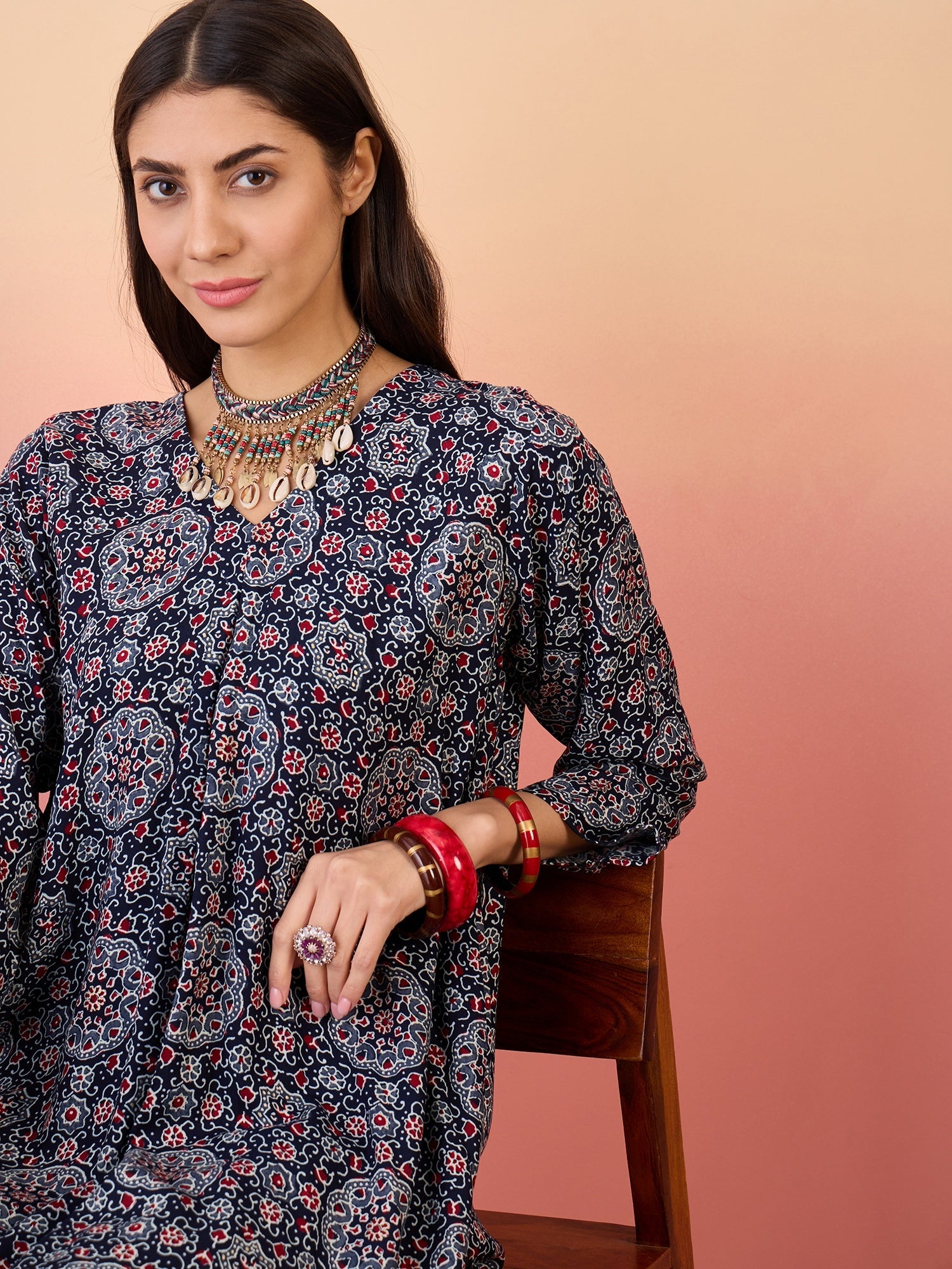 InWeave Navy Maroon Ajrakh Foil V Neck Kurta Pant Set - Distacart