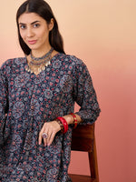 Thumbnail for InWeave Navy Maroon Ajrakh Foil V Neck Kurta Pant Set - Distacart