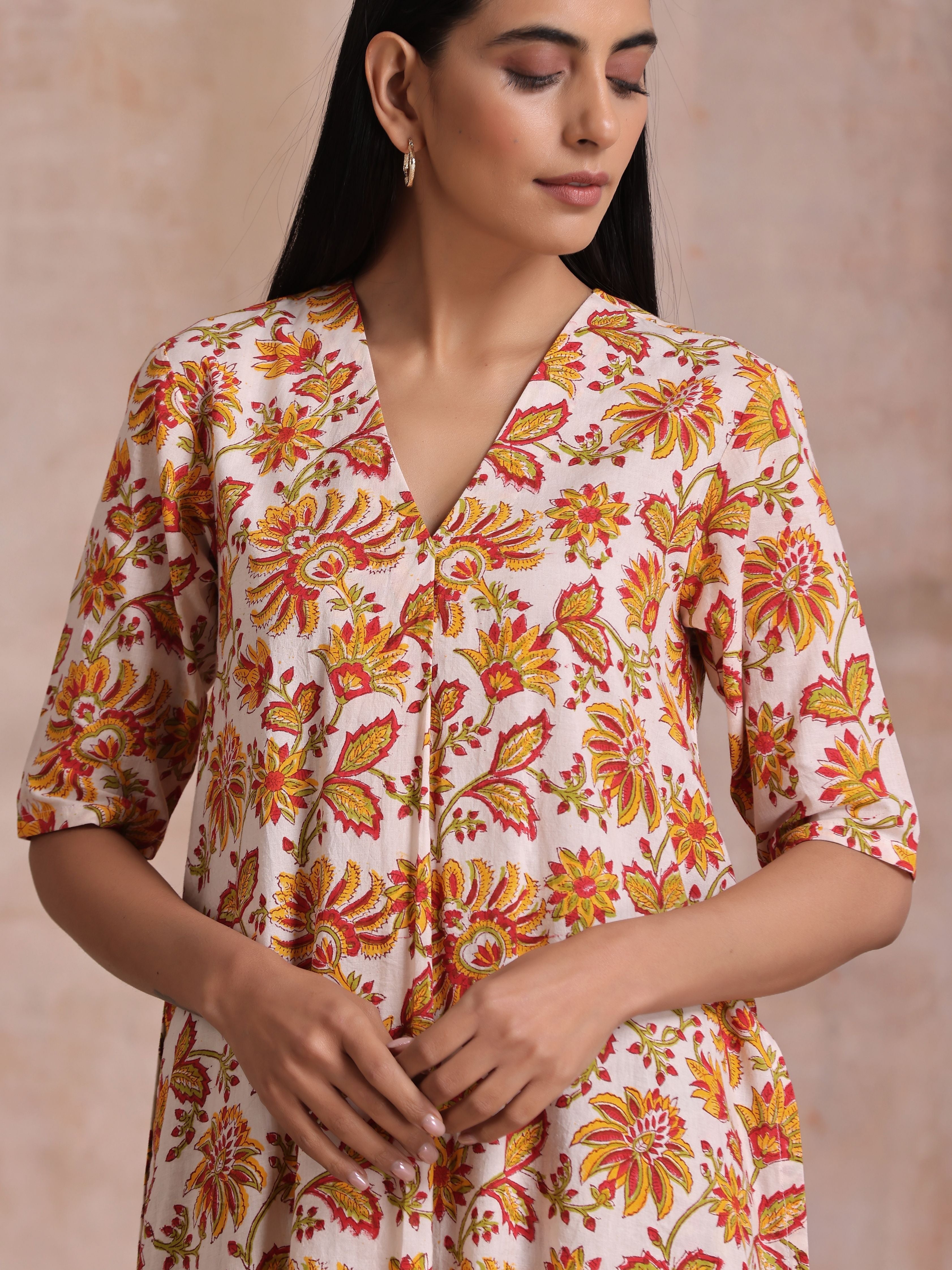 trueBrowns Red Overall Floral On White Cotton Block Print Kurta Pant Set - Distacart