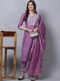 Thumbnail for Indian Fashion Women Pink Embroidery silk Kurta, Pant And Dupatta Set