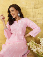 Thumbnail for ADA Women Pink & White Chikankari Embroidered Straight Sustainable Handloom Kurta - Distacart