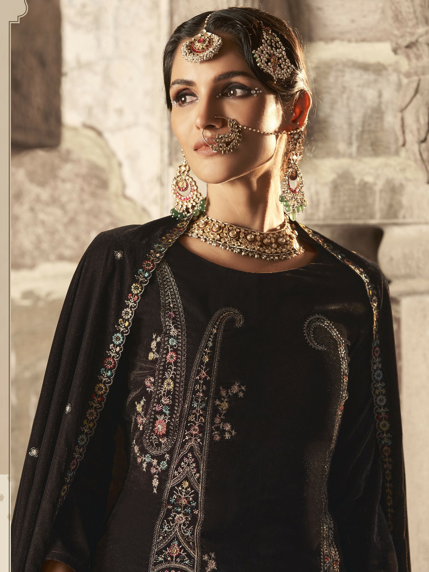 Jyoti Fashion Women's Brown Velvet Floral Resham Thread with Jari work Kurta with Trouser & Dupatta - Distacart