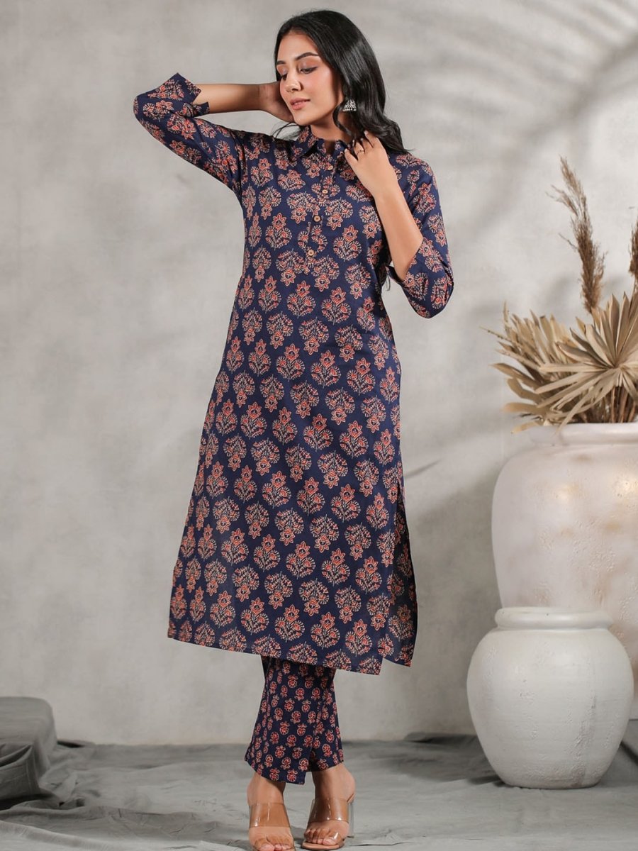Anubhutee Ethnic Motifs Printed Shirt Collar Pure Cotton Kurta with Trousers - Distacart