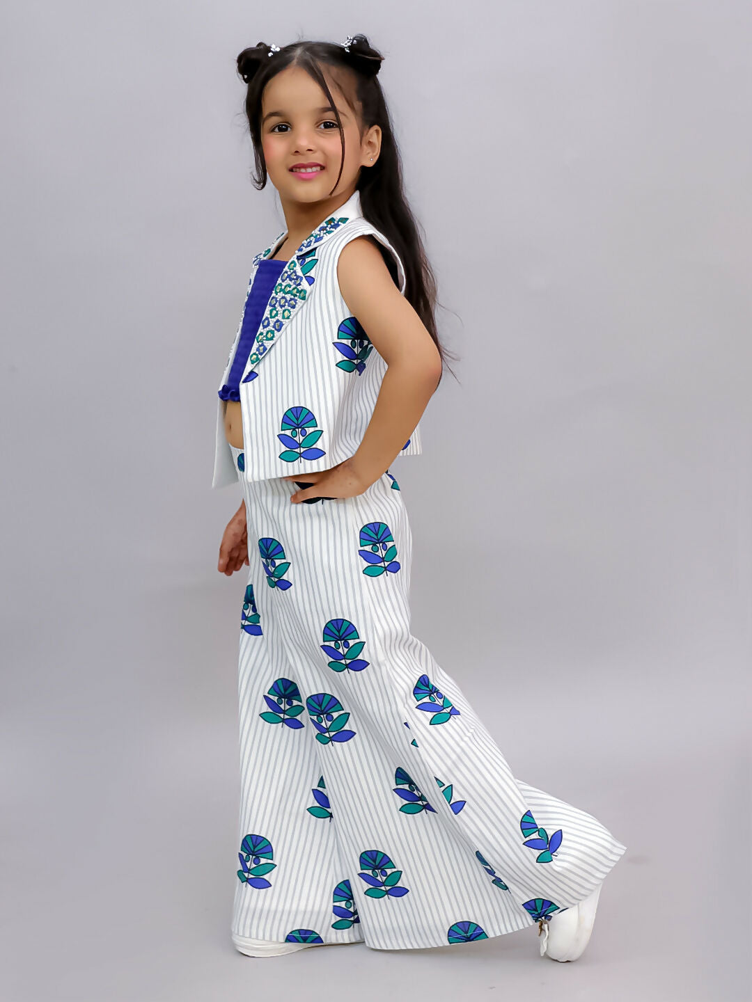 Lil Drama Shor-Gul White Jacket and Pant With Blue Bustier Set For Girls