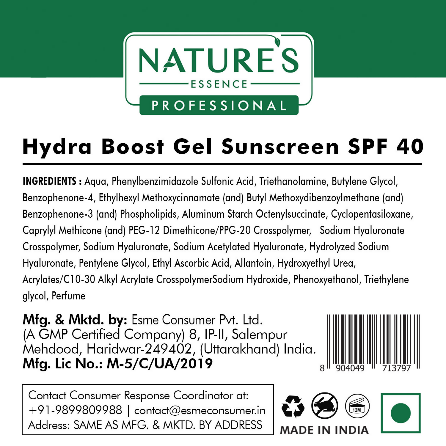 Nature's Essence Professional Hydra Boost Gel SunScreen SPF 40 PA+++ - Distacart