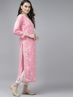 Thumbnail for ADA Women Pink & White Floral Chikankari Cotton Handloom Kurta - Distacart
