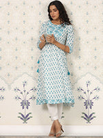 Thumbnail for Ode by House of Pataudi Floral Printed Gotta Patti Pure Cotton A-Line Kurta - Distacart