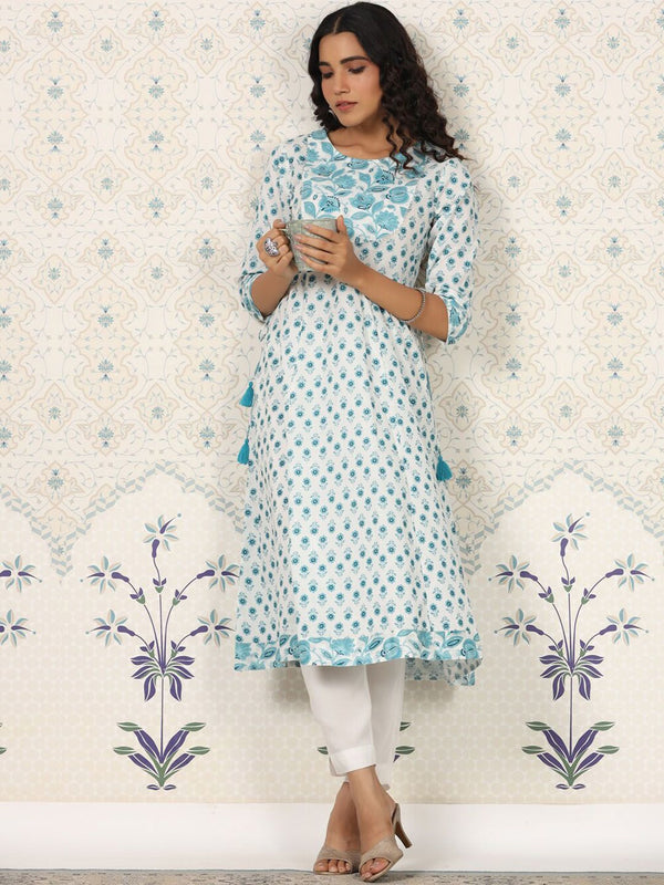 Ode by House of Pataudi Floral Printed Gotta Patti Pure Cotton A-Line Kurta - Distacart