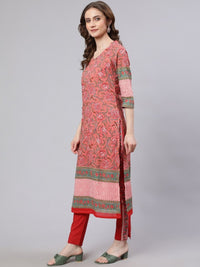 Thumbnail for Aks Pink Floral Printed Mandarin Collar Regular Pure Cotton Kurta With Trousers - Distacart