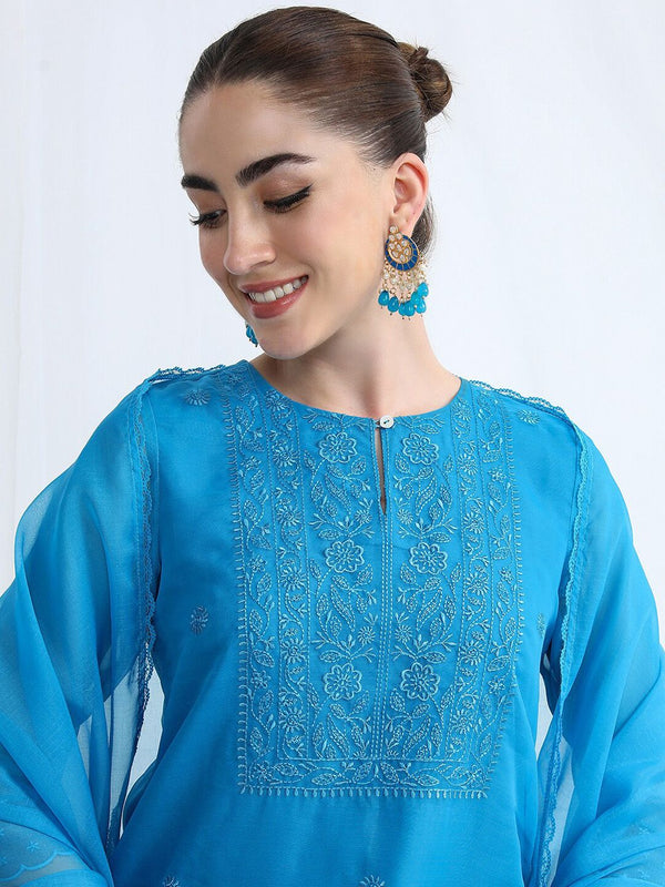 Vishudh Blue Floral Embroidered Keyhole Neck Straight Kurta & Palazzos With Dupatta - Distacart