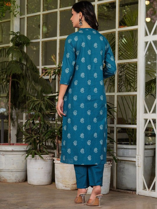 Floral Printed V-Neck Pure Cotton Straight Kurta Palazzos & With Dupatta (Blue) - Rasiya