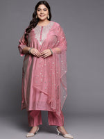 Thumbnail for Sztori Plus Size Floral Embroidered Regular Chanderi Silk Kurta & Trousers With Dupatta - Distacart