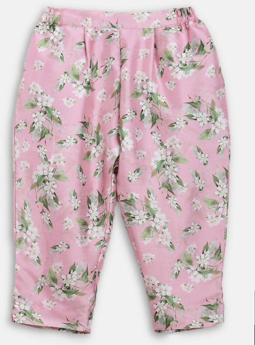Ahalyaa Pink Poly Silk Solid Kids Kurta with Printed Pant Set For Girls - Distacart