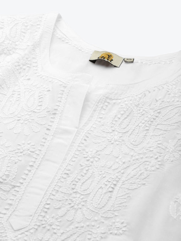 ADA Women White & Black Paisley Embroidered Chikankari Handloom Kurta with Trousers - Distacart
