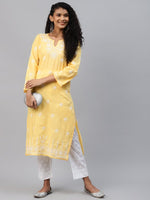 Thumbnail for ADA Women Yellow Ethnic Motifs Embroidered Chikankari Handloom Kurta with Palazzos - Distacart