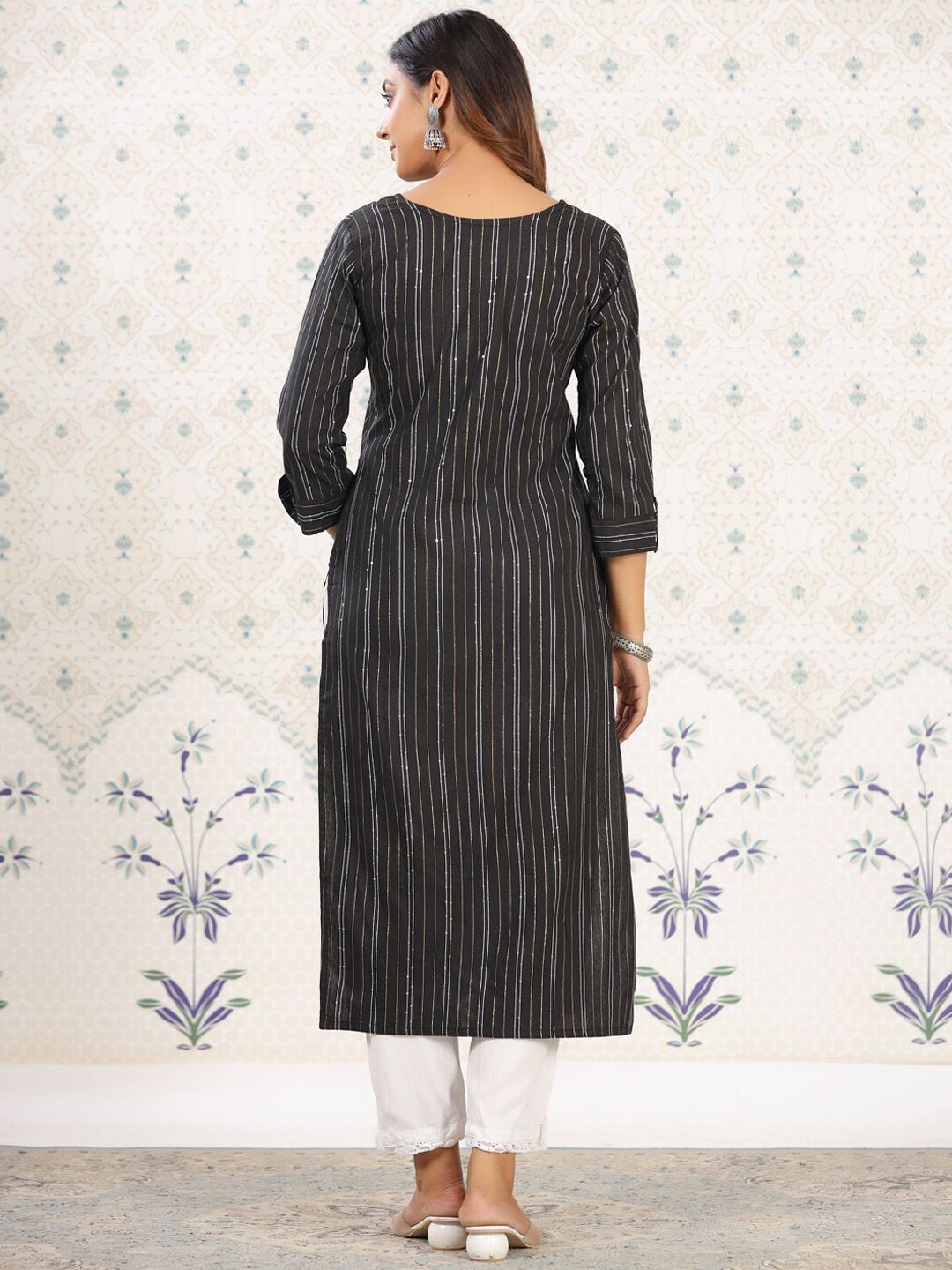Ode by House of Pataudi Striped Round Neck Straight Cotton Kurta - Distacart