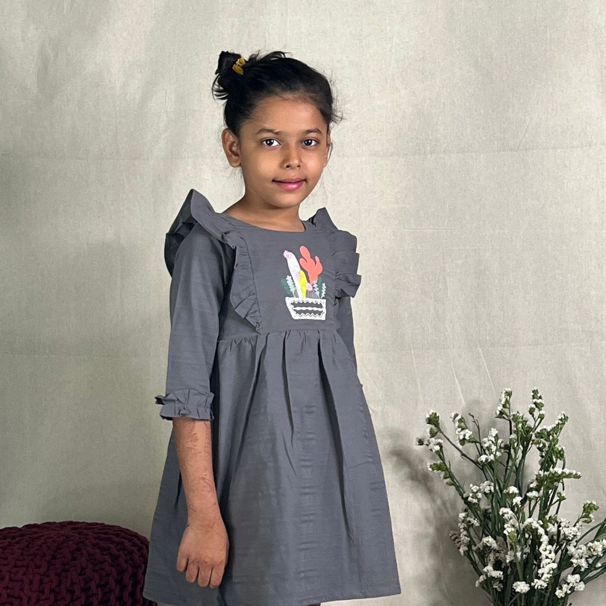 ArthLife Grey Cactus Embroidered Dress - Distacart