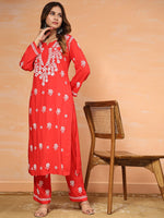 Thumbnail for HOUSE OF KARI Floral Embroidered Chikankari Pure Cotton Straight Kurta With Trousers - Distacart