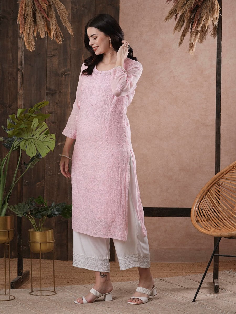 ADA Women Pink Chikankari Hand Embroidered Straight Kota Handloom Kurta With Matching Slip - Distacart