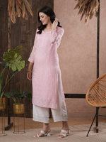 Thumbnail for ADA Women Pink Chikankari Hand Embroidered Straight Kota Handloom Kurta With Matching Slip - Distacart