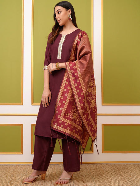 Vishudh Burgundy Yoke Design Thread Work Straight Kurta & Palazzos With Dupatta - Distacart