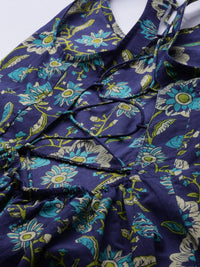 Thumbnail for Anouk Women Navy Blue Floral Printed Styled Back Pure Cotton Kurta with Trousers - Distacart