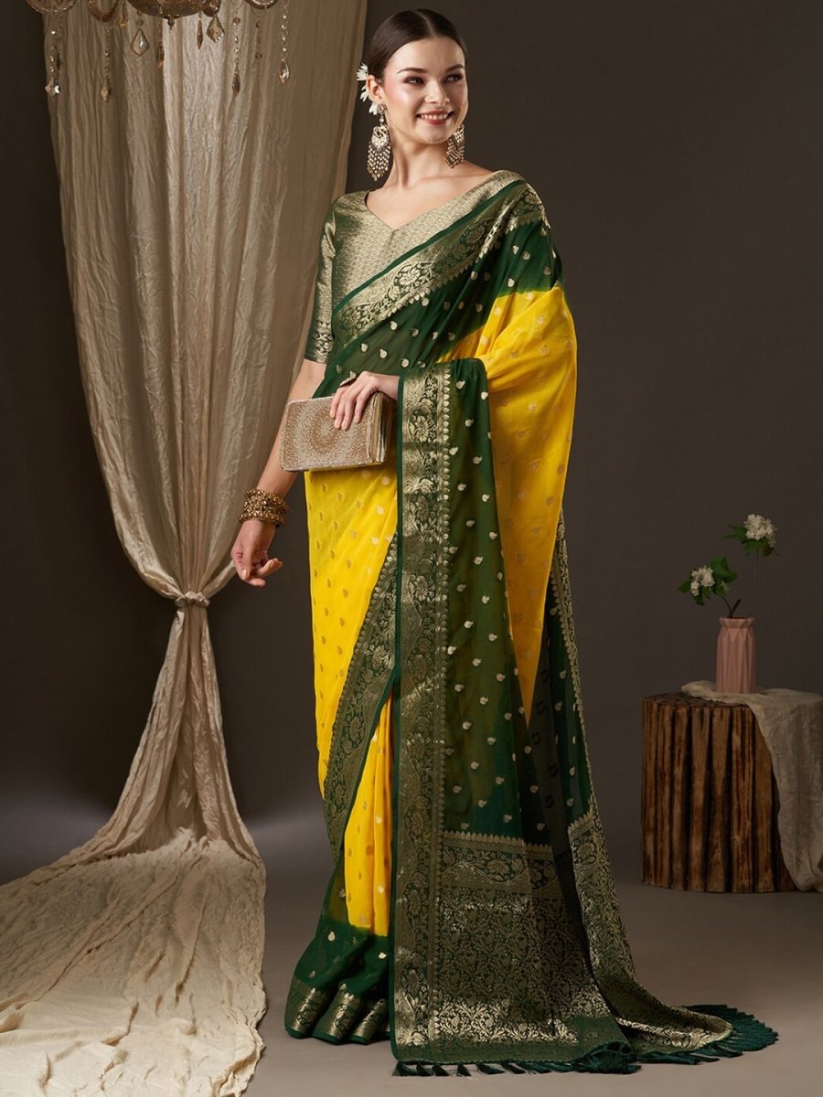 Anouk Yellow & Green Woven Design Zari Pure Georgette Kanjeevaram Saree - Distacart
