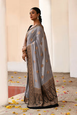 Thumbnail for Joban Fashion Grey Crepe Chiffon Pure Handloom Banarasi Silk Saree