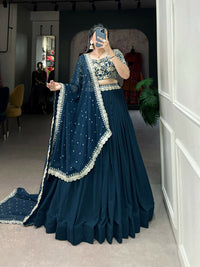 Thumbnail for Vastranavya Gorgeous Georgette Lehenga Choli With Embroidered Banglory Blouse - Teal