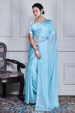 Thumbnail for Morchari Blue Chiffon Hand Embroidery Saree And Stitched Blouse