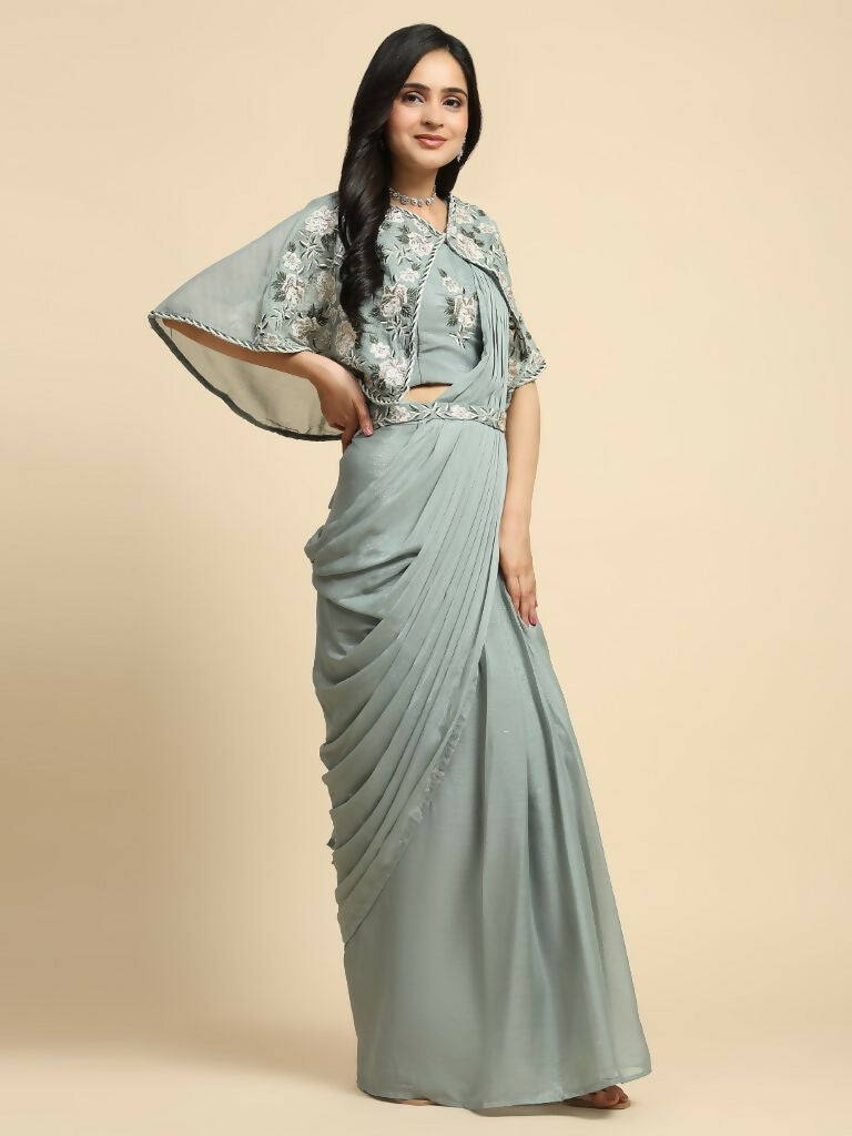 Sea Green Chiffon Solid Ready to wear Saree with stitched Blouse - Aayan - Distacart