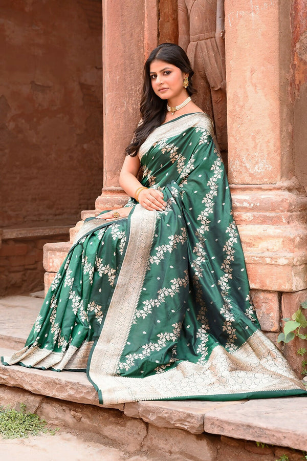 Joban Fashion Emerald Green Banarasi Katan Pure Handloom Banarasi Silk Saree