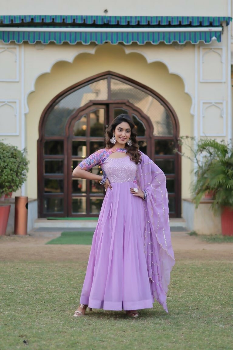 Aastha Fashion Lavender Faux Georgette Printed Gown With Pant
