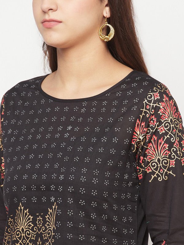 Aniyah Black Color Cotton Block Print Straight Kurta