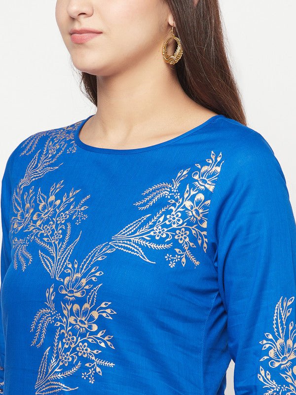 Aniyah Cotton Foil Print Royal Blue Straight Kurta