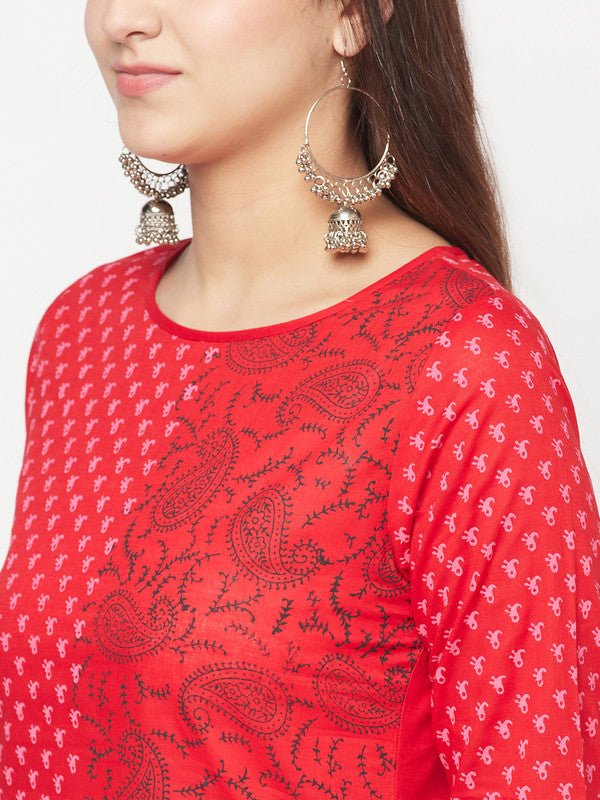Aniyah Cotton Block Print Red Color Straight Kurta