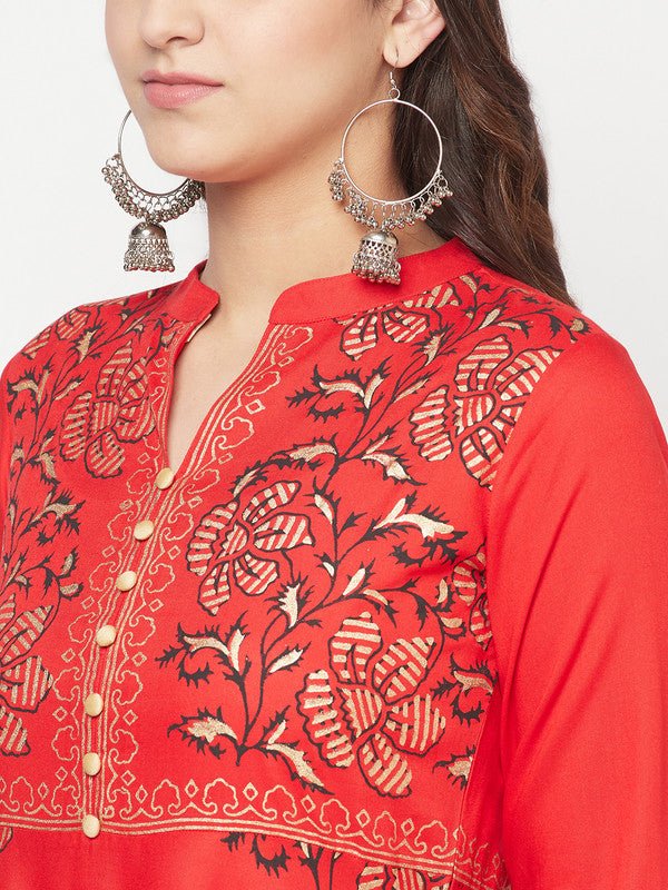 Aniyah Rayon Block Print Red Anarkali Kurta