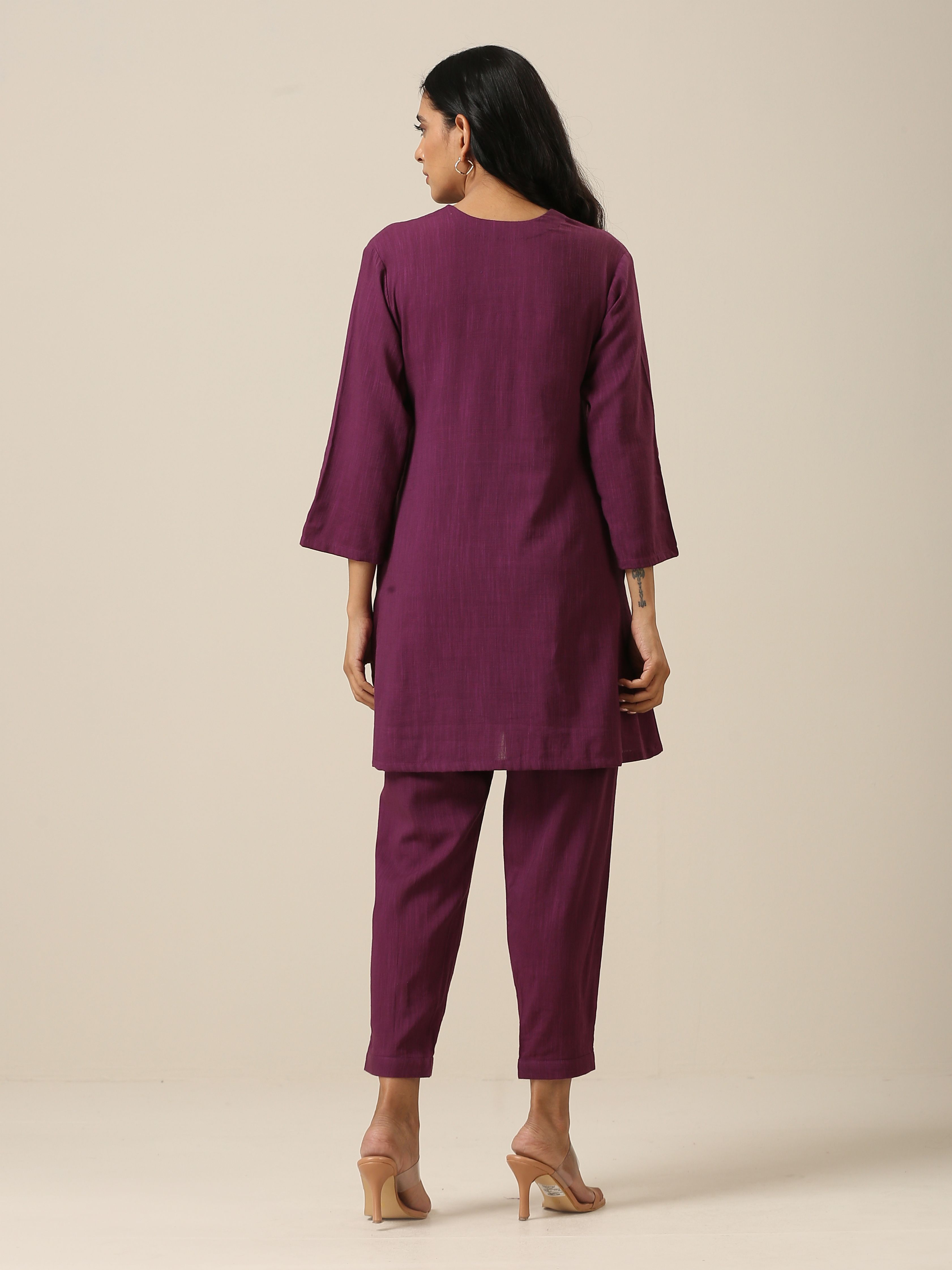 trueBrowns Plum Purple Slub Texture Pleated Co-Ord Set - Distacart