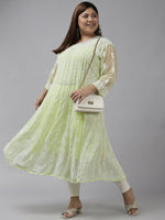 Thumbnail for ADA Women Lime Green & White Ethnic Motifs Plus Size Chikankari Georgette Anarkali Kurta - Distacart