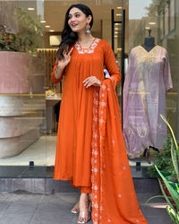 Thumbnail for Lyush Women's V Neck Work Silk Chiffon Fabric Kurta Pant With Dupatta Set - Orange