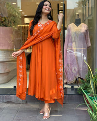 Thumbnail for Lyush Women's V Neck Work Silk Chiffon Fabric Kurta Pant With Dupatta Set - Orange