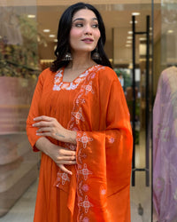 Thumbnail for Lyush Women's V Neck Work Silk Chiffon Fabric Kurta Pant With Dupatta Set - Orange