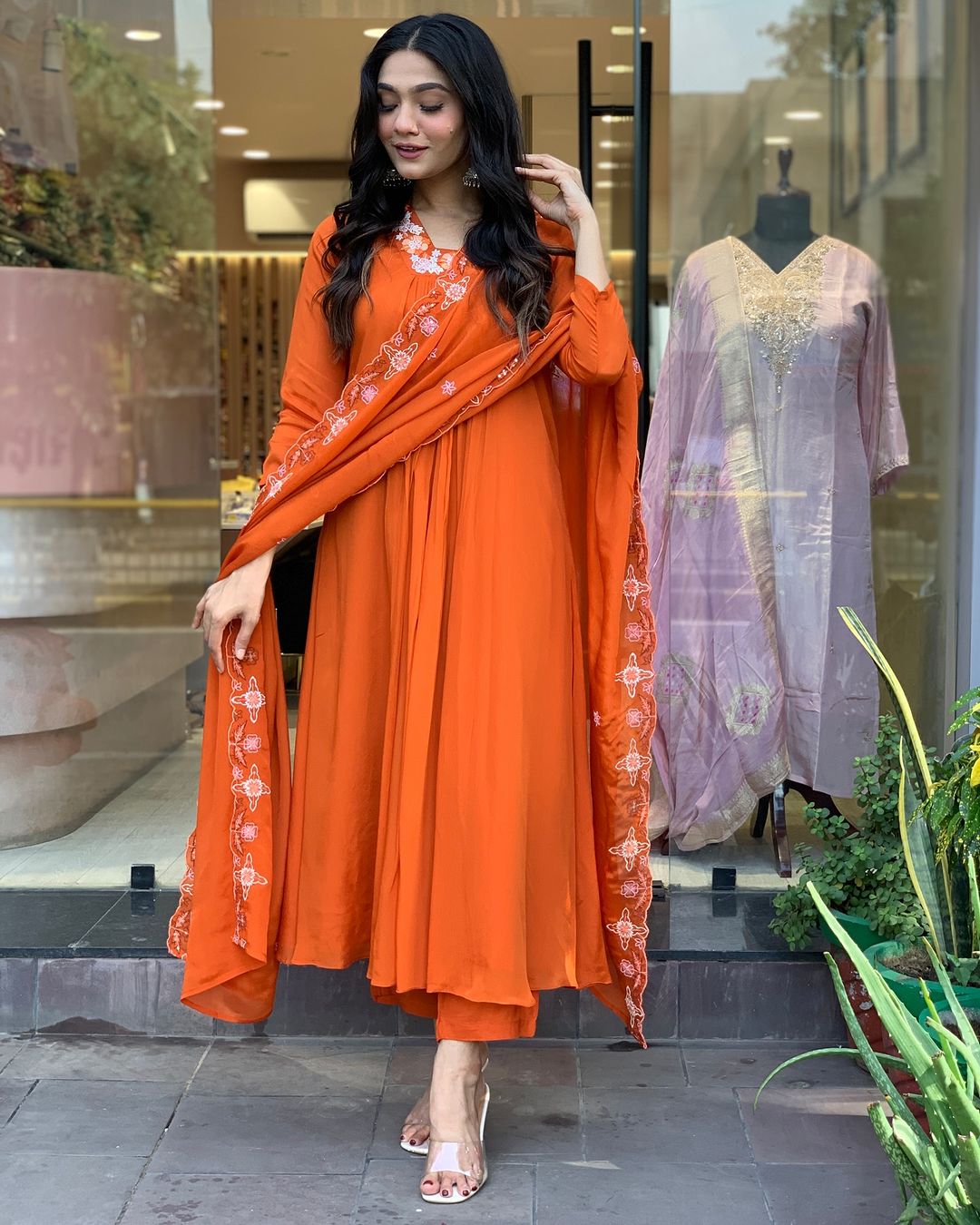 Lyush Women's V Neck Work Silk Chiffon Fabric Kurta Pant With Dupatta Set - Orange
