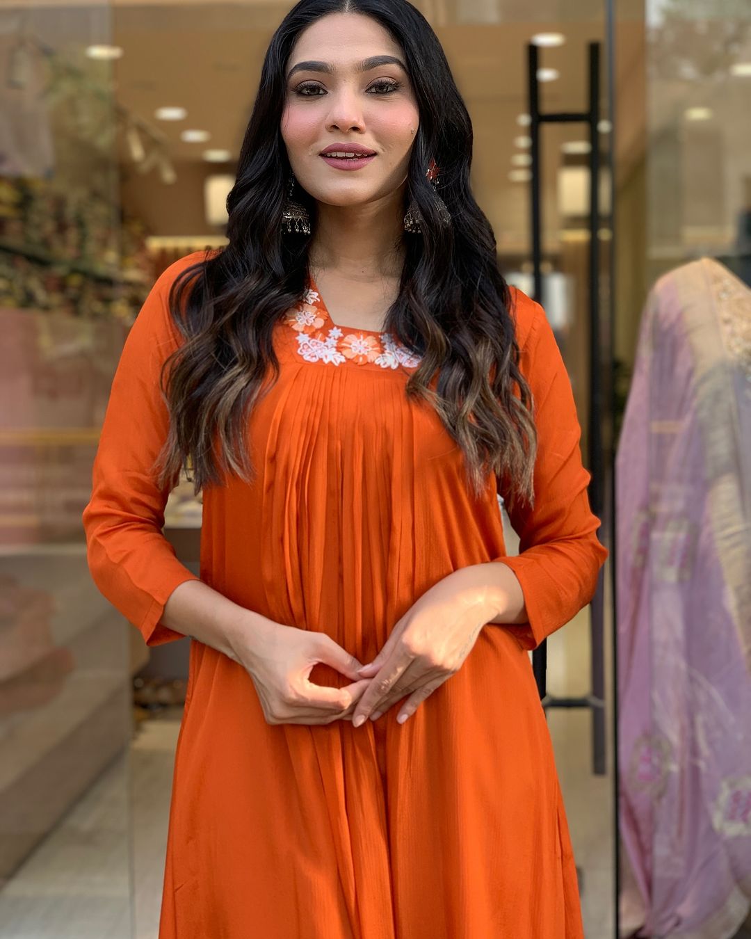 Lyush Women's V Neck Work Silk Chiffon Fabric Kurta Pant With Dupatta Set - Orange