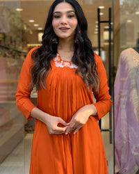 Thumbnail for Lyush Women's V Neck Work Silk Chiffon Fabric Kurta Pant With Dupatta Set - Orange
