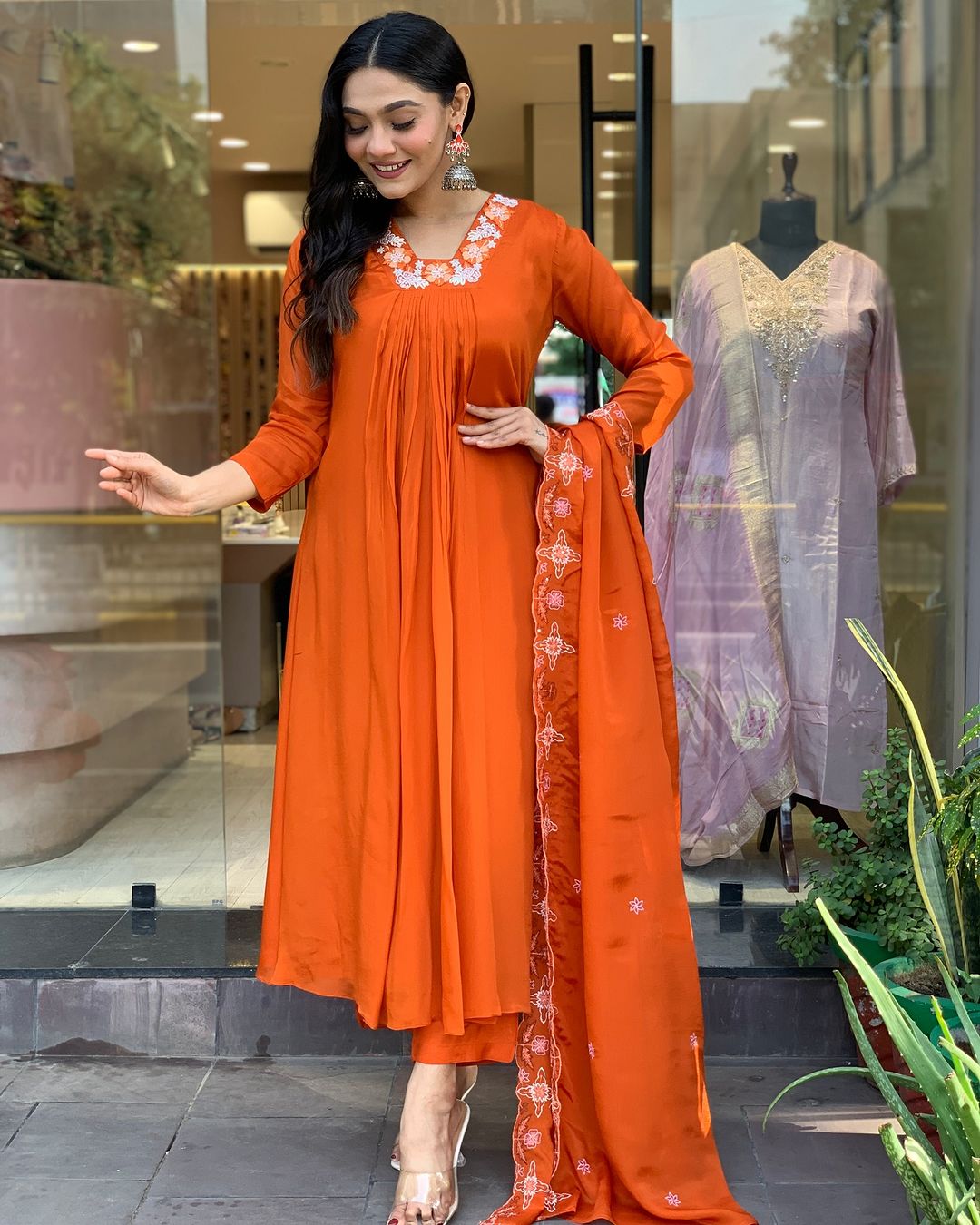 Lyush Women's V Neck Work Silk Chiffon Fabric Kurta Pant With Dupatta Set - Orange