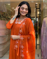 Thumbnail for Lyush Women's V Neck Work Silk Chiffon Fabric Kurta Pant With Dupatta Set - Orange