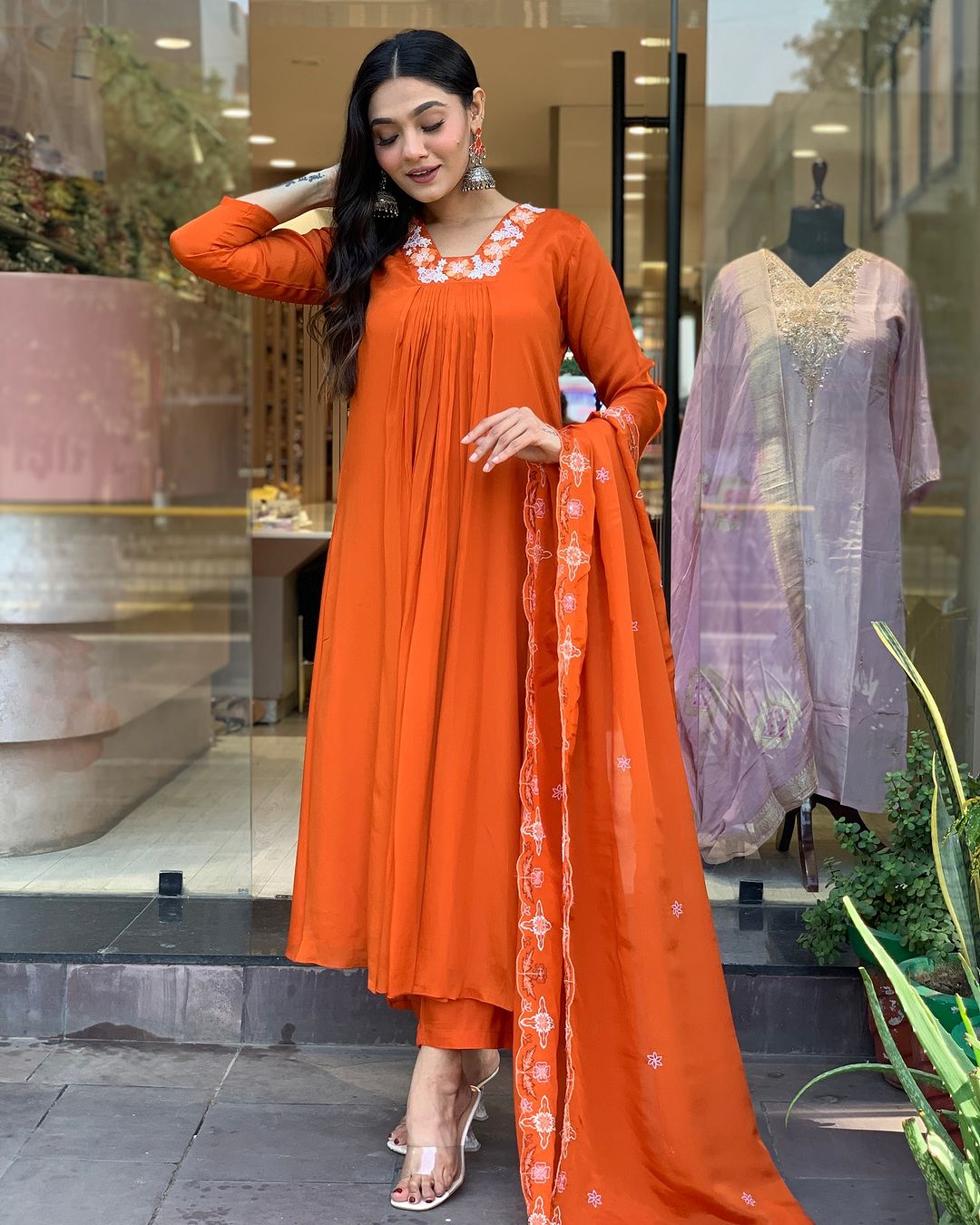 Lyush Women's V Neck Work Silk Chiffon Fabric Kurta Pant With Dupatta Set - Orange